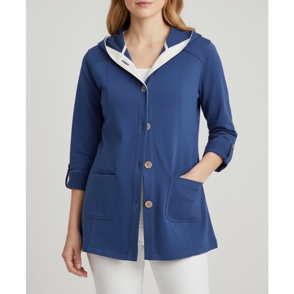 Susan Graver Womens Royal Blue Hooded Button Front Jacket 3/4 Roll Tab Sleeve L